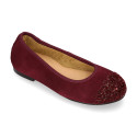 Classic suede leather ballet flat shoes with glitter toe cap.