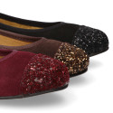 Classic suede leather ballet flat shoes with glitter toe cap.