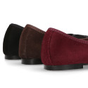 Classic suede leather ballet flat shoes with glitter toe cap.