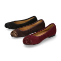 Classic suede leather ballet flat shoes with glitter toe cap.