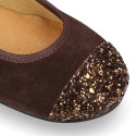 Classic suede leather ballet flat shoes with glitter toe cap.