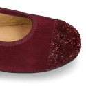 Classic suede leather ballet flat shoes with glitter toe cap.