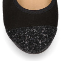 Classic suede leather ballet flat shoes with glitter toe cap.