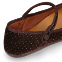 Strass velvet canvas Mary Janes with hook and loop strap and button.