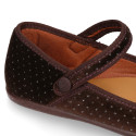 Strass velvet canvas Mary Janes with hook and loop strap and button.