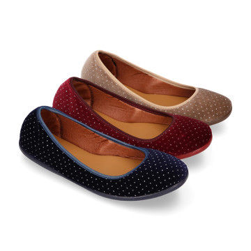 Special shiny velvet canvas ballet flat shoes with crystals.