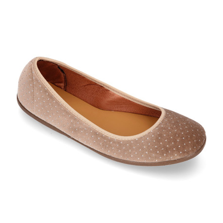 Special shiny velvet canvas ballet flat shoes with crystals.