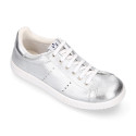 Casual tennis shoes in metal nappa leather with shoelaces.