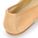 New suede leather Ballet flats with crossed ribbons.