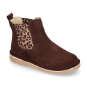 Suede leather ankle boots with animal print elastic band.