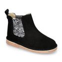 Suede leather ankle boots with animal print elastic band.