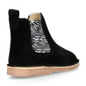 Suede leather ankle boots with animal print elastic band.