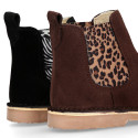 Suede leather ankle boots with animal print elastic band.