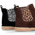 Suede leather ankle boots with animal print elastic band.