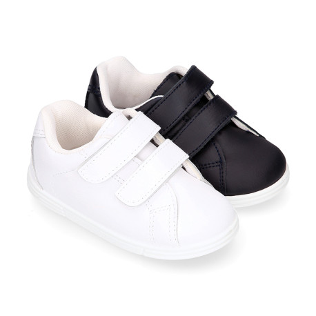 Washable leather little kids School sneakers shoes laceless.