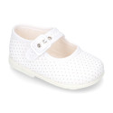 Cotton canvas little Mary Jane shoes with pink polka dots design for baby girls.