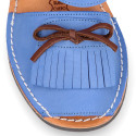 Nubuck leather Menorquina sandal shoes with hook and loop strap and fringed design.