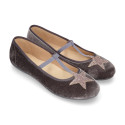 VELVET canvas T-strap Mary Janes with STARS design.