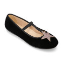 VELVET canvas T-strap Mary Janes with STARS design.