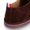 Suede leather Laces up oxford shoes with stitching, outsole and laces in contrast.