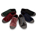 Velvet kids sneakers with laces and rubber toe cap.
