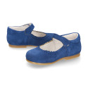 Halter little Mary Jane shoes in soft suede leather for first steps.