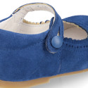 Halter little Mary Jane shoes in soft suede leather for first steps.