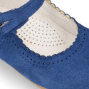 Halter little Mary Jane shoes in soft suede leather for first steps.