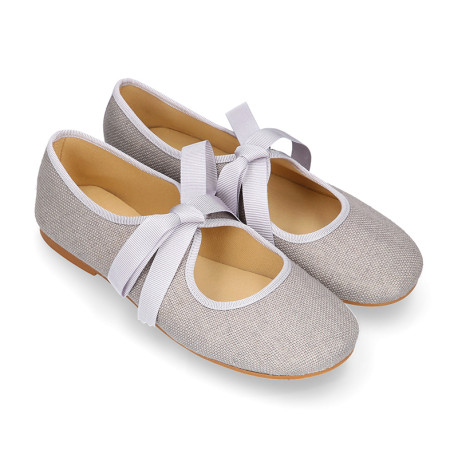 Little Angel style ballet flat shoes in LINEN with ties closure.