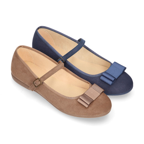 Autumn winter canvas little OKAA Mary Jane shoes in seasonal colors with shoemaker bow.