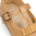 Autumn winter canvas T-strap Mary Jane shoes with bow.