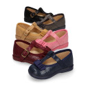Autumn winter canvas T-strap Mary Jane shoes with bow.