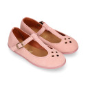 Pink Suede leather T-Bar Girl Mary Jane shoes with buckle fastening and chopped design.