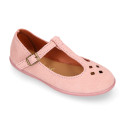 Pink Suede leather T-Bar Girl Mary Jane shoes with buckle fastening and chopped design.