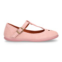 Pink Suede leather T-Bar Girl Mary Jane shoes with buckle fastening and chopped design.