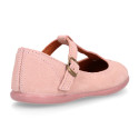 Pink Suede leather T-Bar Girl Mary Jane shoes with buckle fastening and chopped design.