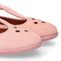 Pink Suede leather T-Bar Girl Mary Jane shoes with buckle fastening and chopped design.