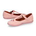 Pink Suede leather T-Bar Girl Mary Jane shoes with buckle fastening and chopped design.