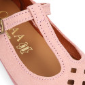 Pink Suede leather T-Bar Girl Mary Jane shoes with buckle fastening and chopped design.