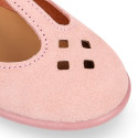 Pink Suede leather T-Bar Girl Mary Jane shoes with buckle fastening and chopped design.