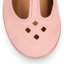 Pink Suede leather T-Bar Girl Mary Jane shoes with buckle fastening and chopped design.