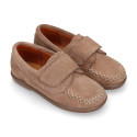 Suede leather Kids loafer shoes with hook and loop strap closure.