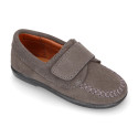 Suede leather Kids loafer shoes with hook and loop strap closure.