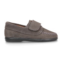 Suede leather Kids loafer shoes with hook and loop strap closure.