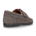 Suede leather Kids loafer shoes with hook and loop strap closure.