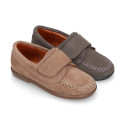 Suede leather Kids loafer shoes with hook and loop strap closure.