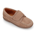 Suede leather Kids loafer shoes with hook and loop strap closure.