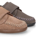 Suede leather Kids loafer shoes with hook and loop strap closure.