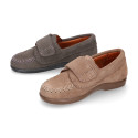 Suede leather Kids loafer shoes with hook and loop strap closure.