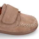 Suede leather Kids loafer shoes with hook and loop strap closure.